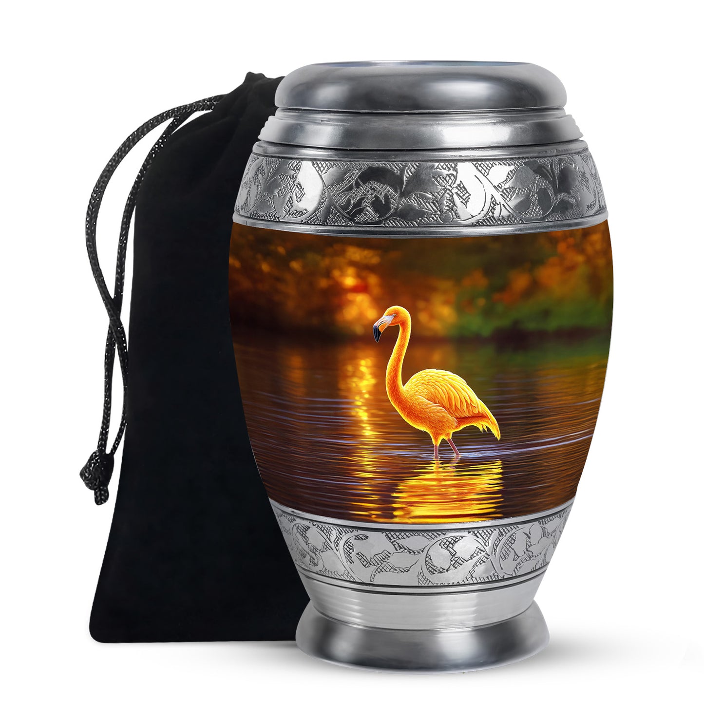 Royal Gold Flamingo Cremation Urn back view with polished surface - majestic flamingo pattern with filigree border - full-size 10 inch 200 cubic inch adult cremation urn