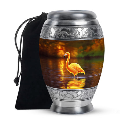 Royal Gold Flamingo Cremation Urn back view with polished surface - majestic flamingo pattern with filigree border - full-size 10 inch 200 cubic inch adult cremation urn