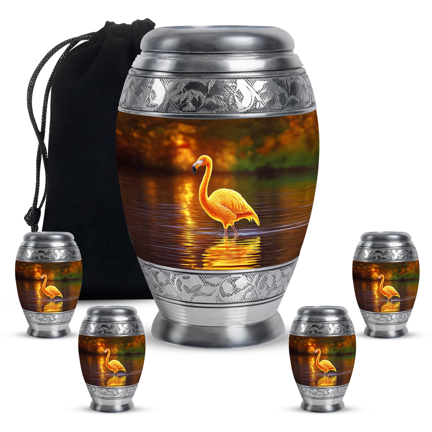 Harvest Gold Flamingo Cremation Urn detail view - royal flamingo engraving with decorative scrollwork - memorial set with one large and four small urns