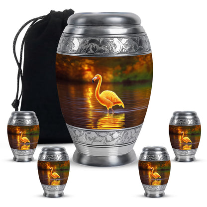 Harvest Gold Flamingo Cremation Urn detail view - royal flamingo engraving with decorative scrollwork - memorial set with one large and four small urns