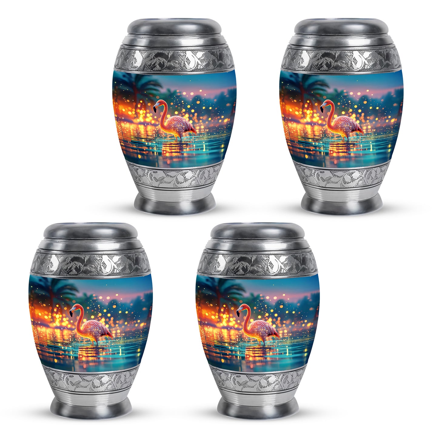 Vivid Teal Flamingo Cremation Urn urn with complimentary velvet bag - majestic flamingo pattern with filigree border - 10 inch aluminum urn for cremated remains