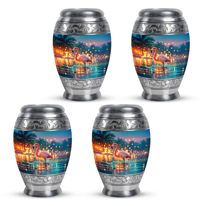 Vivid Teal Flamingo Cremation Urn urn with complimentary velvet bag - majestic flamingo pattern with filigree border - 10 inch aluminum urn for cremated remains