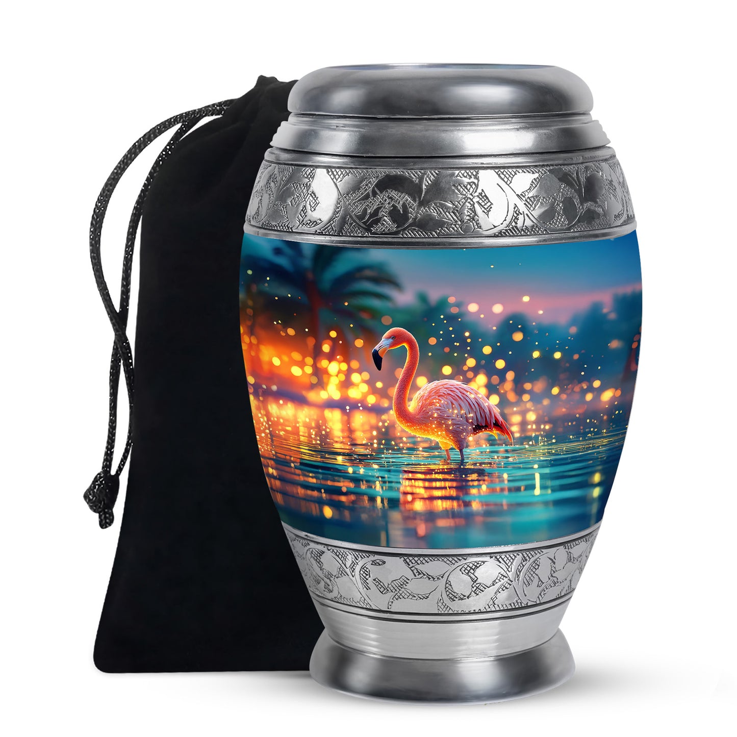 Sea Green Teal Flamingo Cremation Urn back view with polished surface - ornate monarch-style flamingo relief on brushed aluminum - full-size 10 inch 200 cubic inch adult cremation urn