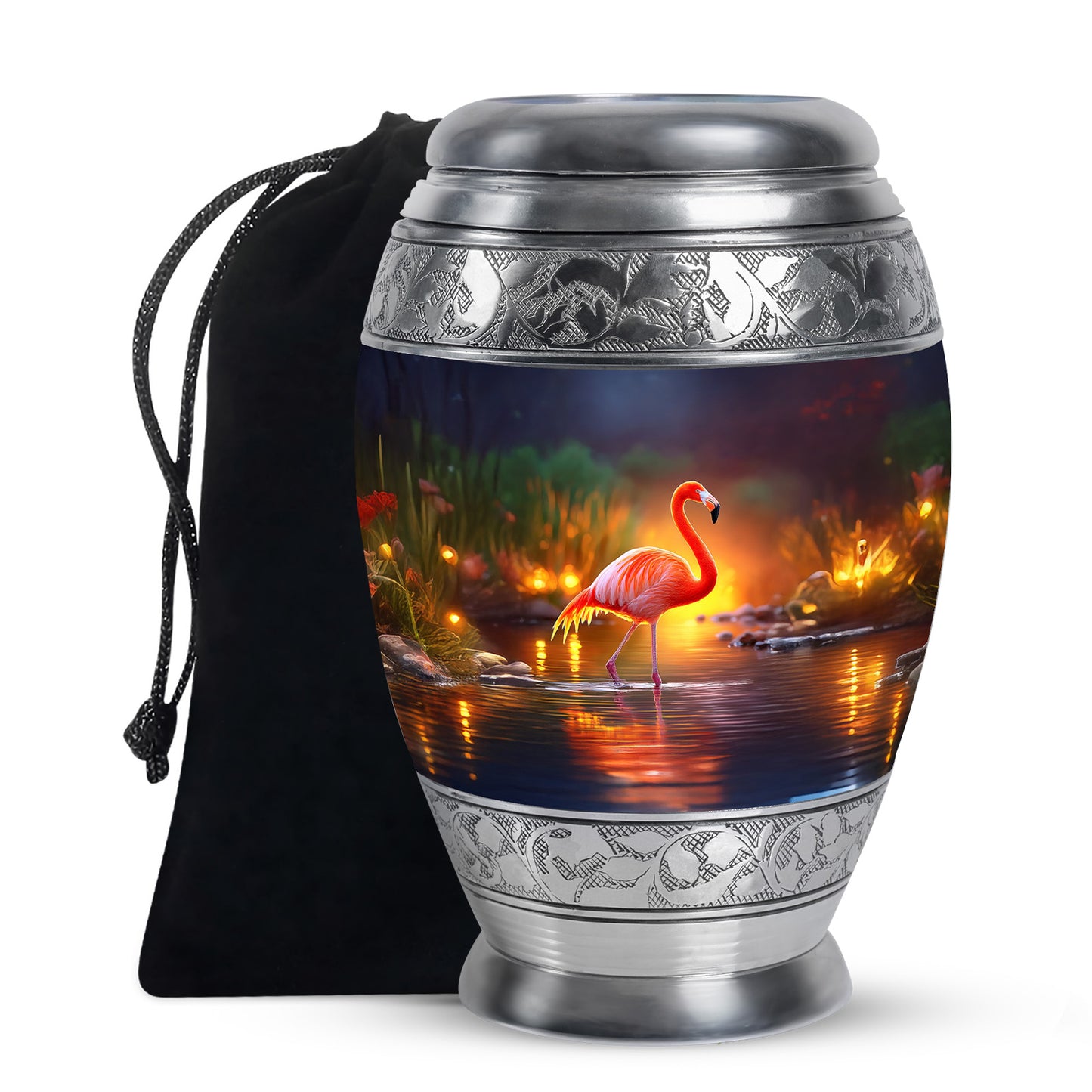 Celestial Blue Flamingo Cremation Urn back view with polished surface - ornate monarch-style flamingo relief on brushed aluminum - full-size 10 inch 200 cubic inch adult cremation urn