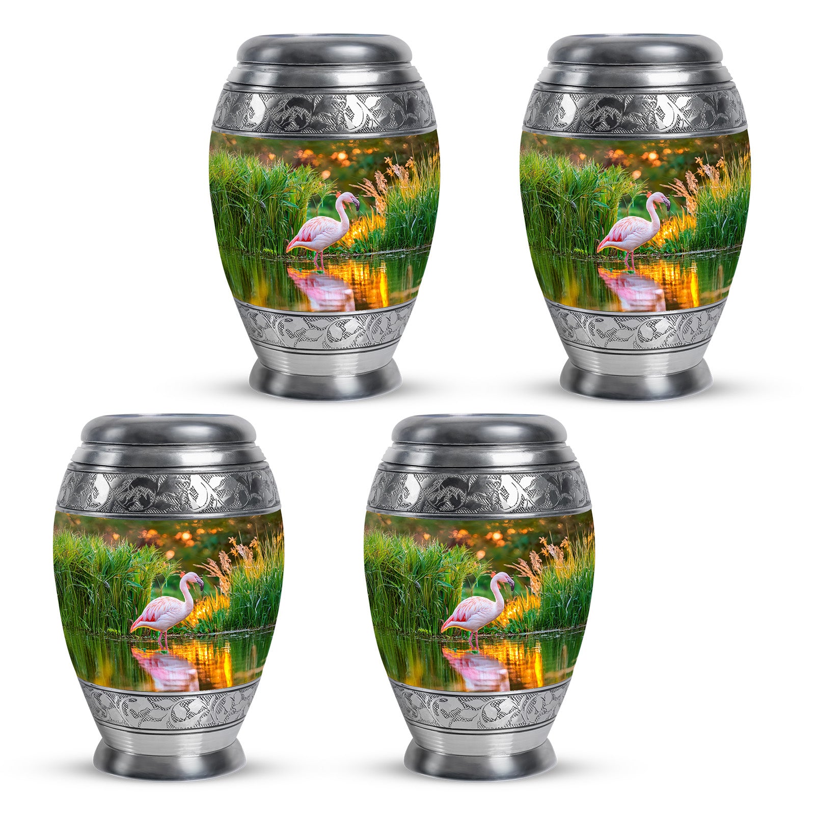 Antique Gold Flamingo Cremation Urn urn with complimentary velvet bag - regal flamingo design with crown-inspired accents - 10 inch aluminum urn for cremated remains