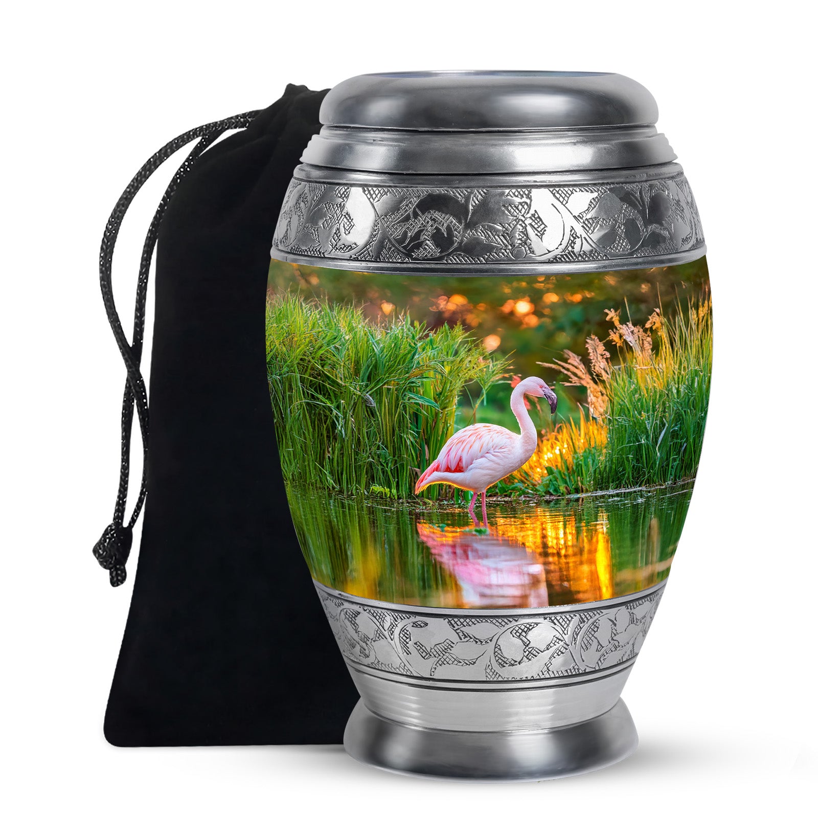 Royal Gold Flamingo Cremation Urn back view with polished surface - majestic flamingo pattern with filigree border - full-size 10 inch 200 cubic inch adult cremation urn