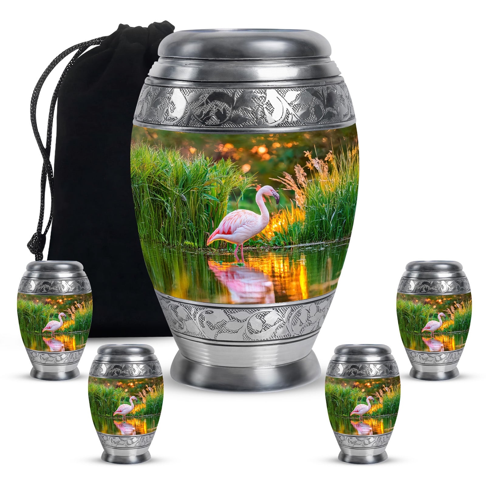 Sunrise Gold Flamingo Cremation Urn detail view - ornate monarch-style flamingo relief on brushed aluminum - memorial set with one large and four small urns