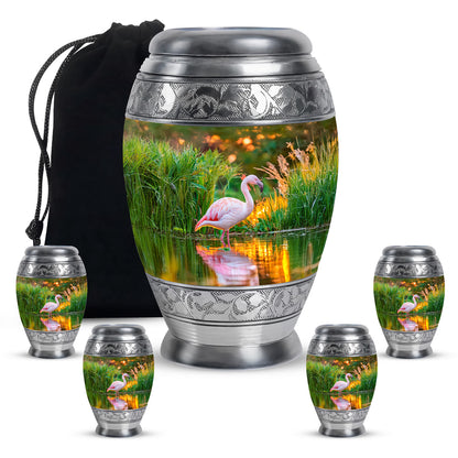 Sunrise Gold Flamingo Cremation Urn detail view - ornate monarch-style flamingo relief on brushed aluminum - memorial set with one large and four small urns
