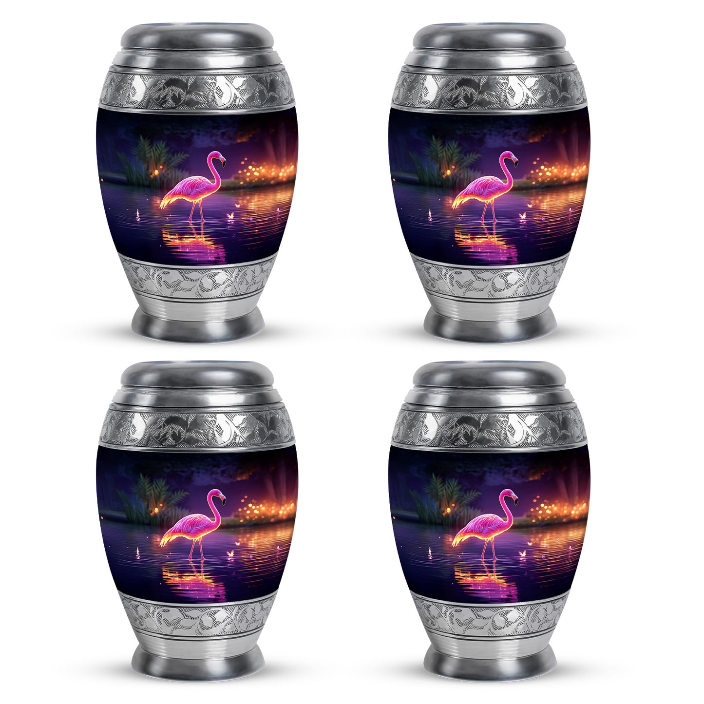 Lavender Purple Flamingo Cremation Urn urn with complimentary velvet bag - royal flamingo engraving with decorative scrollwork - 10 inch aluminum urn for cremated remains