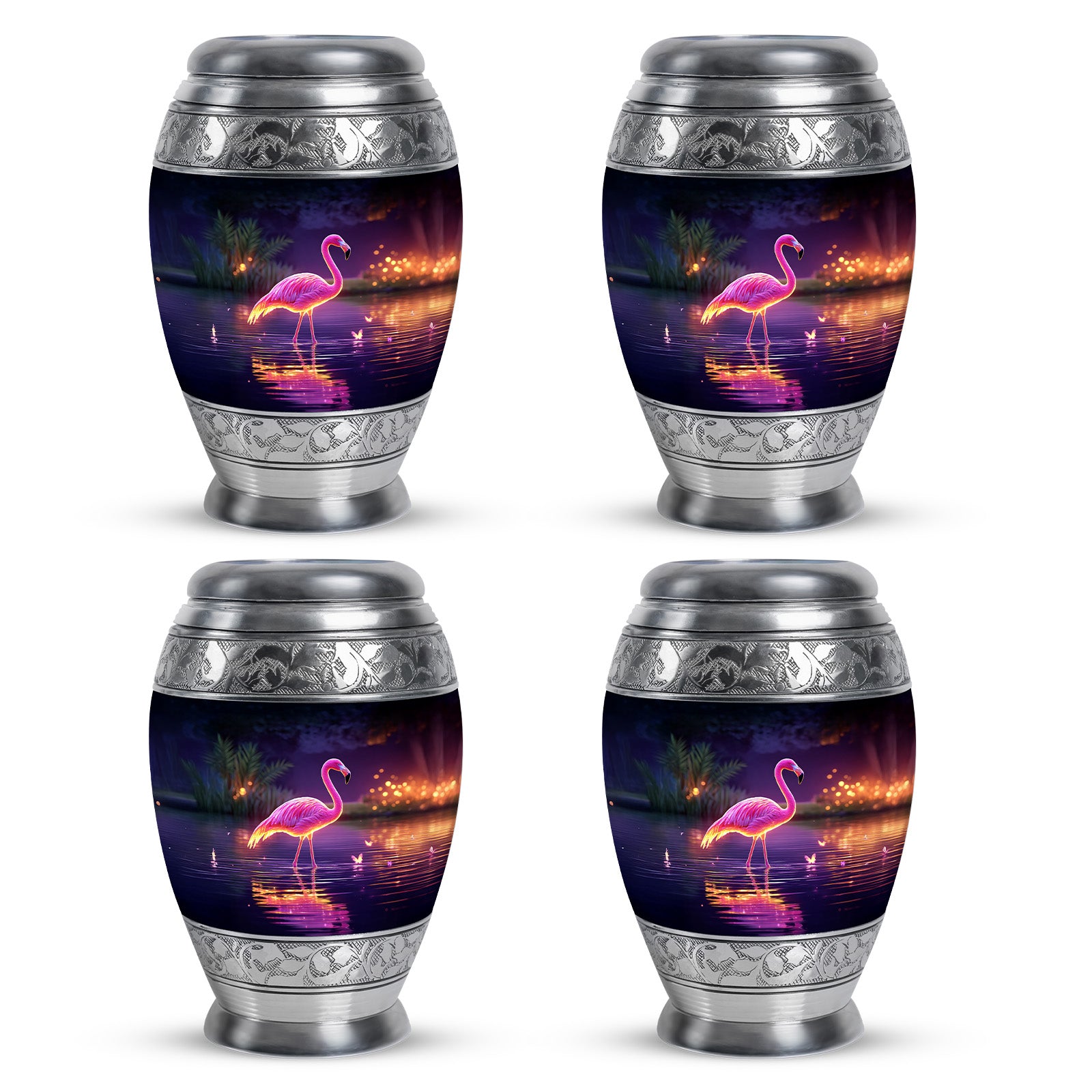 Lavender Purple Flamingo Cremation Urn urn with complimentary velvet bag - royal flamingo engraving with decorative scrollwork - 10 inch aluminum urn for cremated remains