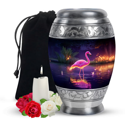 Deep Purple Flamingo Cremation Urn back view with polished surface - regal flamingo design with crown-inspired accents - full-size 10 inch 200 cubic inch adult cremation urn
