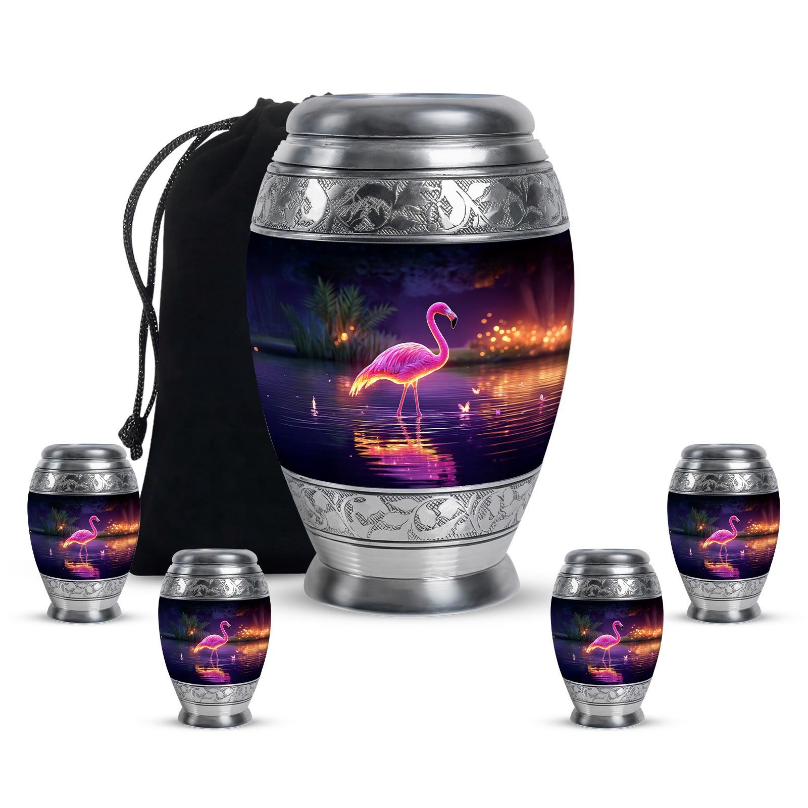 Majestic Purple Flamingo Cremation Urn detail view - regal flamingo design with crown-inspired accents - memorial set with one large and four small urns