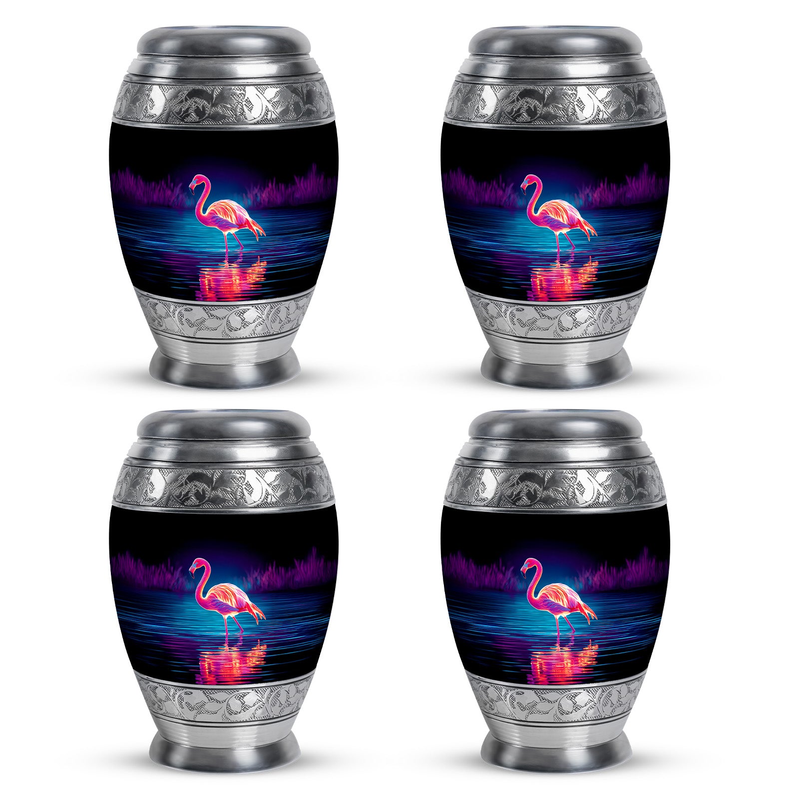 Jet Black Flamingo Cremation Urn urn with complimentary velvet bag - regal flamingo design with crown-inspired accents - 10 inch aluminum urn for cremated remains