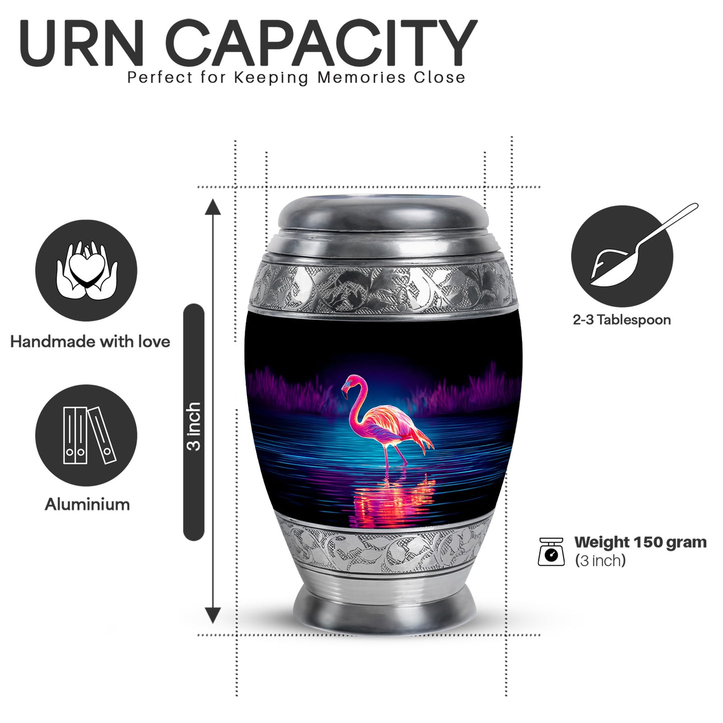 Dark Black Flamingo Cremation Urn lifestyle display on memorial shelf - majestic flamingo pattern with filigree border - mini keepsake memorial for portion of cremation ashes