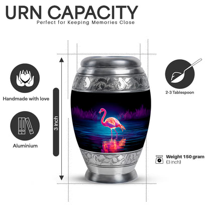 Dark Black Flamingo Cremation Urn lifestyle display on memorial shelf - majestic flamingo pattern with filigree border - mini keepsake memorial for portion of cremation ashes