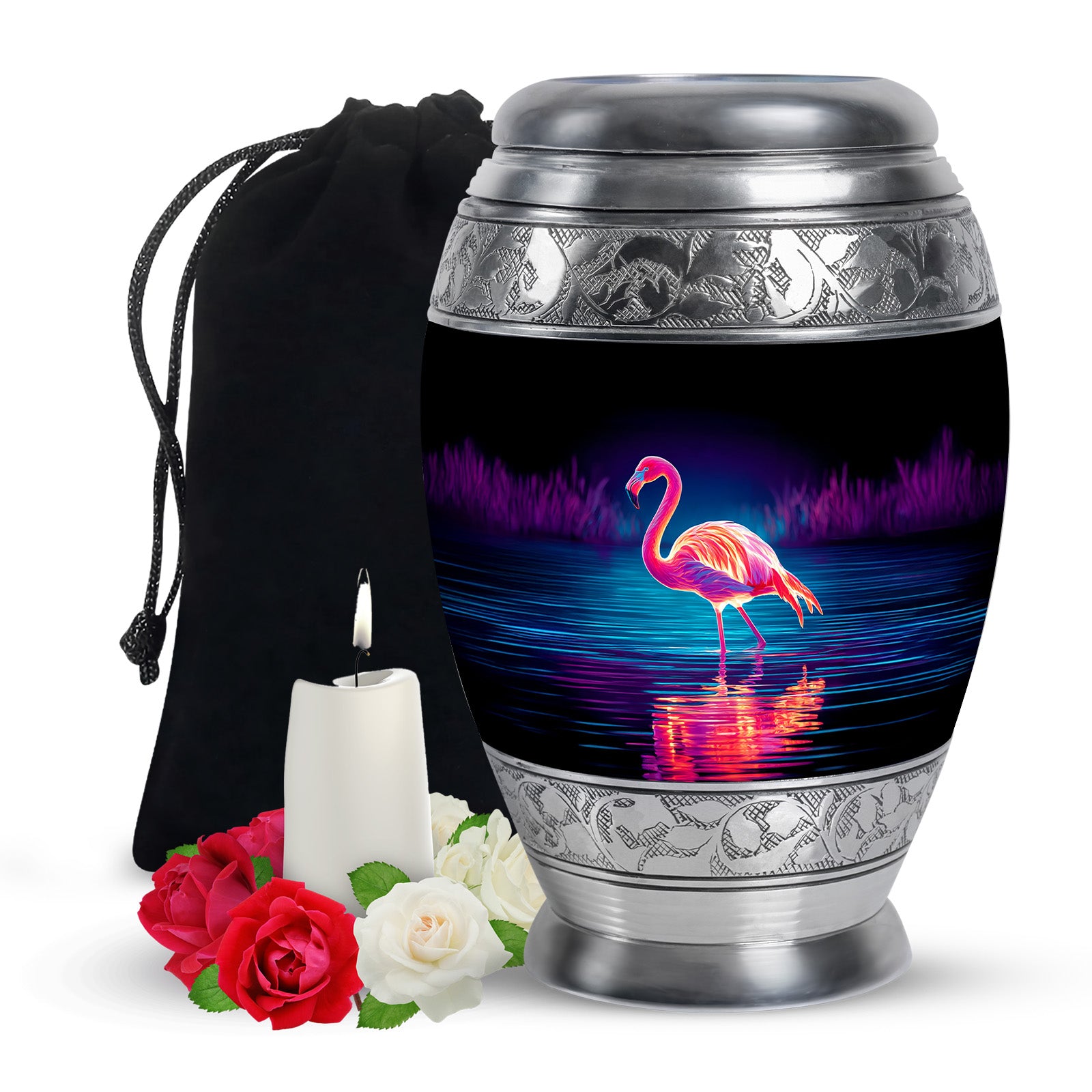 Glossy Black Flamingo Cremation Urn back view with polished surface - ornate monarch-style flamingo relief on brushed aluminum - full-size 10 inch 200 cubic inch adult cremation urn