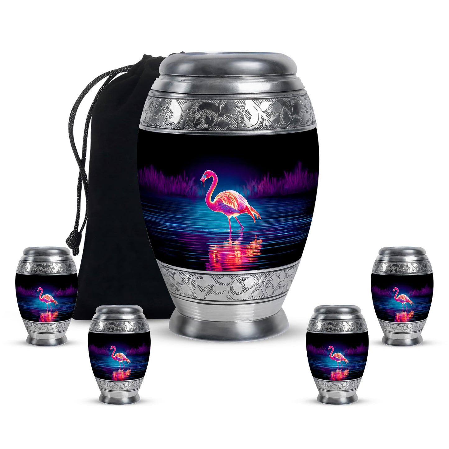 Jet Black Flamingo Cremation Urn detail view - regal flamingo design with crown-inspired accents - memorial set with one large and four small urns