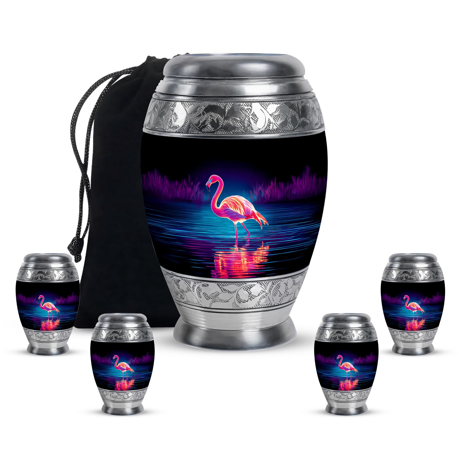 Jet Black Flamingo Cremation Urn detail view - regal flamingo design with crown-inspired accents - memorial set with one large and four small urns