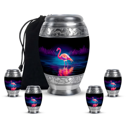 Jet Black Flamingo Cremation Urn detail view - regal flamingo design with crown-inspired accents - memorial set with one large and four small urns