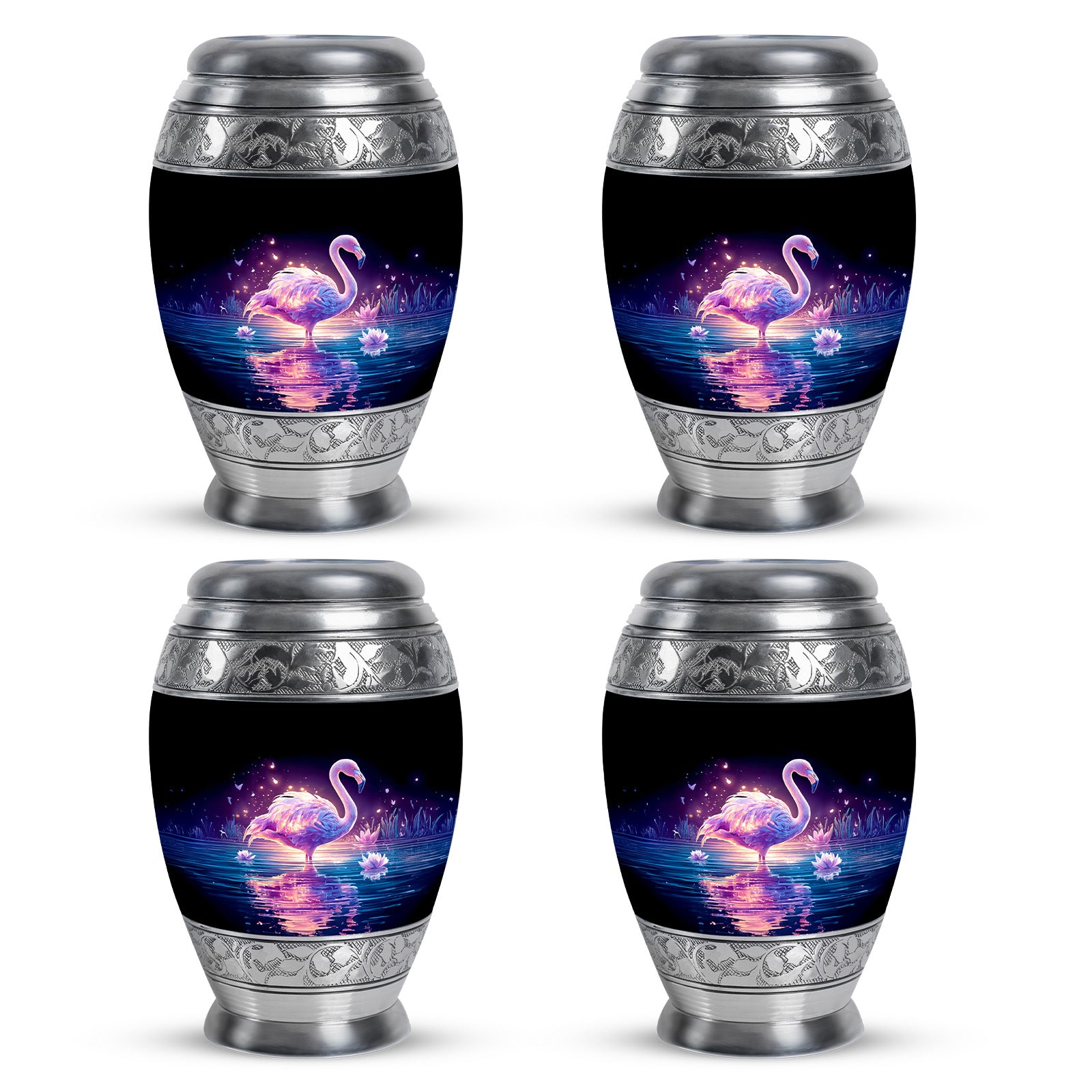 Jet Black Flamingo Cremation Urn urn with complimentary velvet bag - regal flamingo design with crown-inspired accents - 10 inch aluminum urn for cremated remains