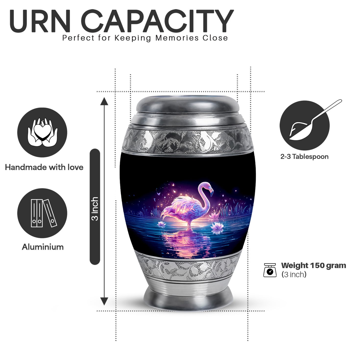 Midnight Black Flamingo Cremation Urn lifestyle display on memorial shelf - majestic flamingo pattern with filigree border - mini keepsake memorial for portion of cremation ashes