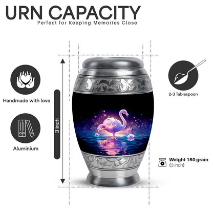 Midnight Black Flamingo Cremation Urn lifestyle display on memorial shelf - majestic flamingo pattern with filigree border - mini keepsake memorial for portion of cremation ashes