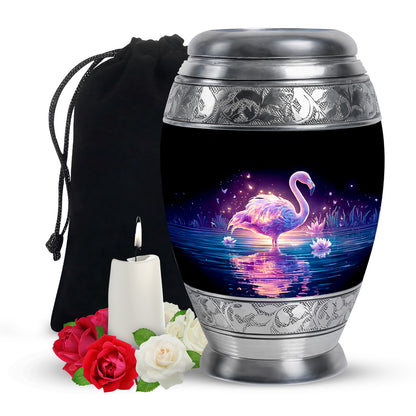 Midnight Black Flamingo Cremation Urn back view with polished surface - royal flamingo engraving with decorative scrollwork - full-size 10 inch 200 cubic inch adult cremation urn