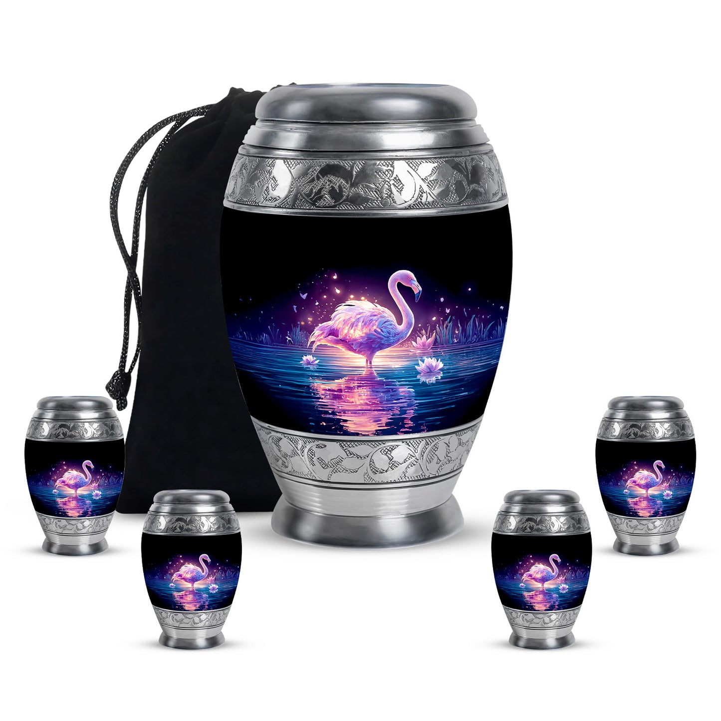 Deep Black Flamingo Cremation Urn detail view - regal flamingo design with crown-inspired accents - memorial set with one large and four small urns