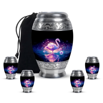 Deep Black Flamingo Cremation Urn detail view - regal flamingo design with crown-inspired accents - memorial set with one large and four small urns