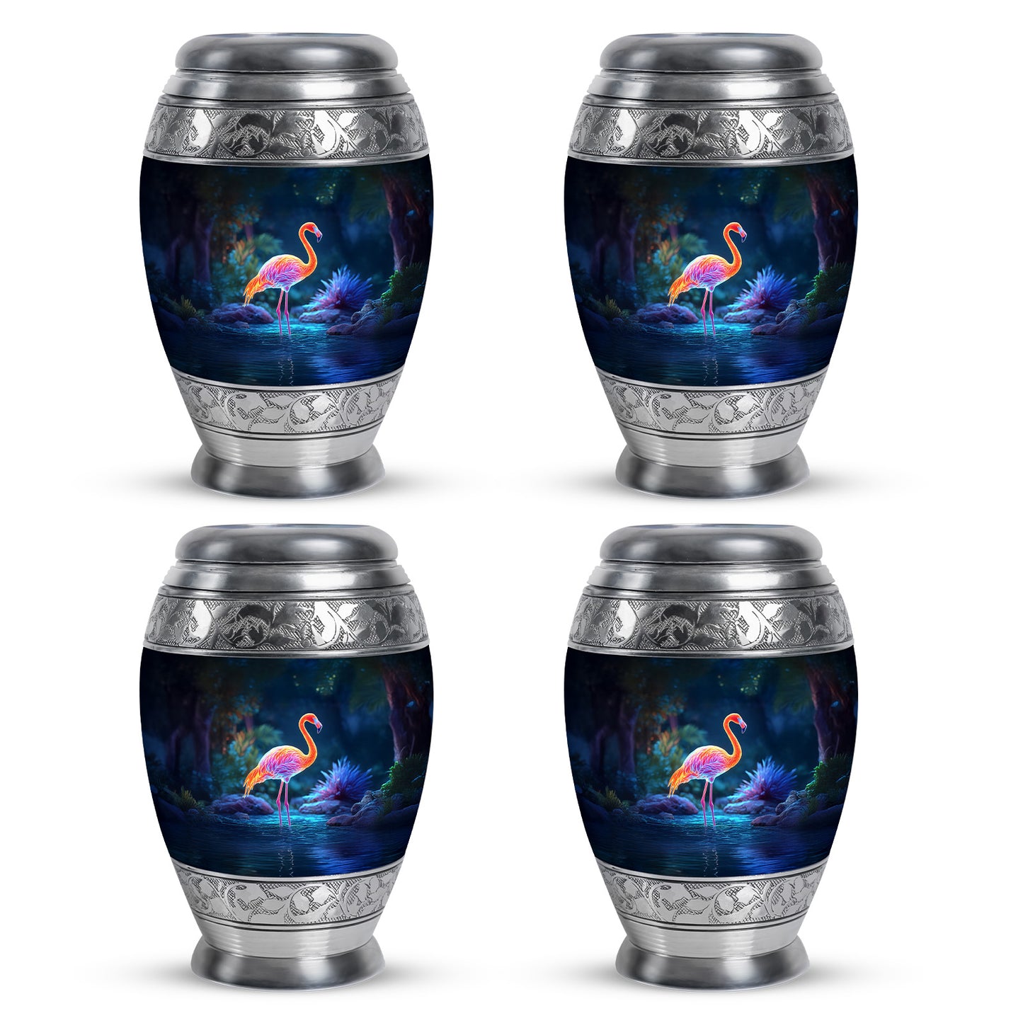 Navy Blue Flamingo Cremation Urn urn with complimentary velvet bag - ornate monarch-style flamingo relief on brushed aluminum - 10 inch aluminum urn for cremated remains