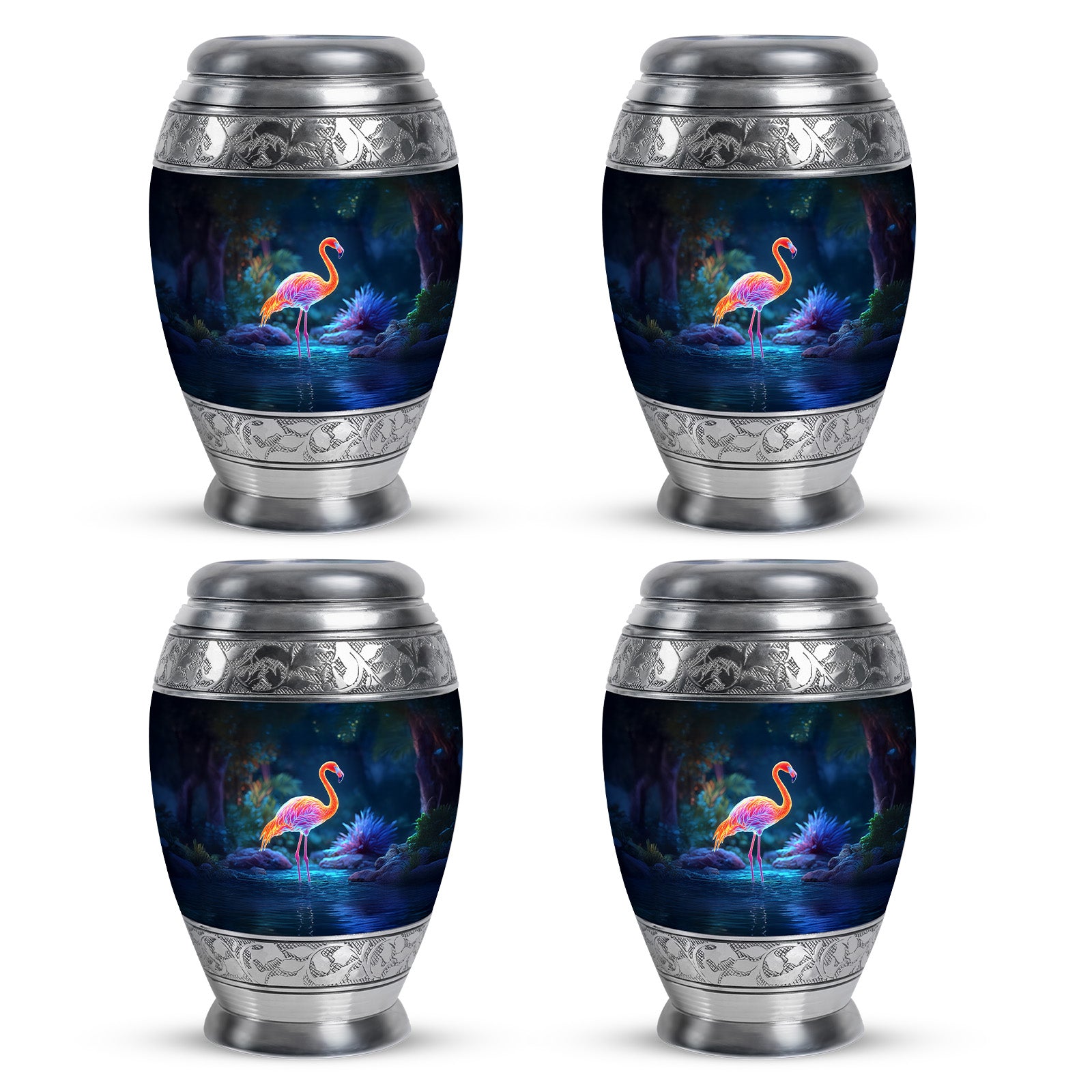 Navy Blue Flamingo Cremation Urn urn with complimentary velvet bag - ornate monarch-style flamingo relief on brushed aluminum - 10 inch aluminum urn for cremated remains