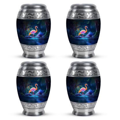 Navy Blue Flamingo Cremation Urn urn with complimentary velvet bag - ornate monarch-style flamingo relief on brushed aluminum - 10 inch aluminum urn for cremated remains