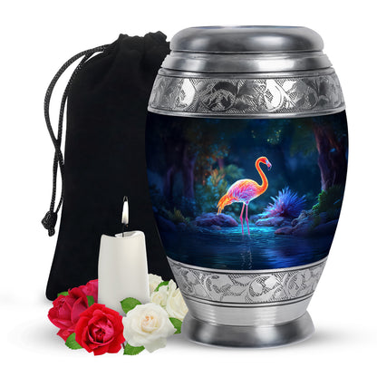 Misty Blue Flamingo Cremation Urn back view with polished surface - ornate monarch-style flamingo relief on brushed aluminum - full-size 10 inch 200 cubic inch adult cremation urn