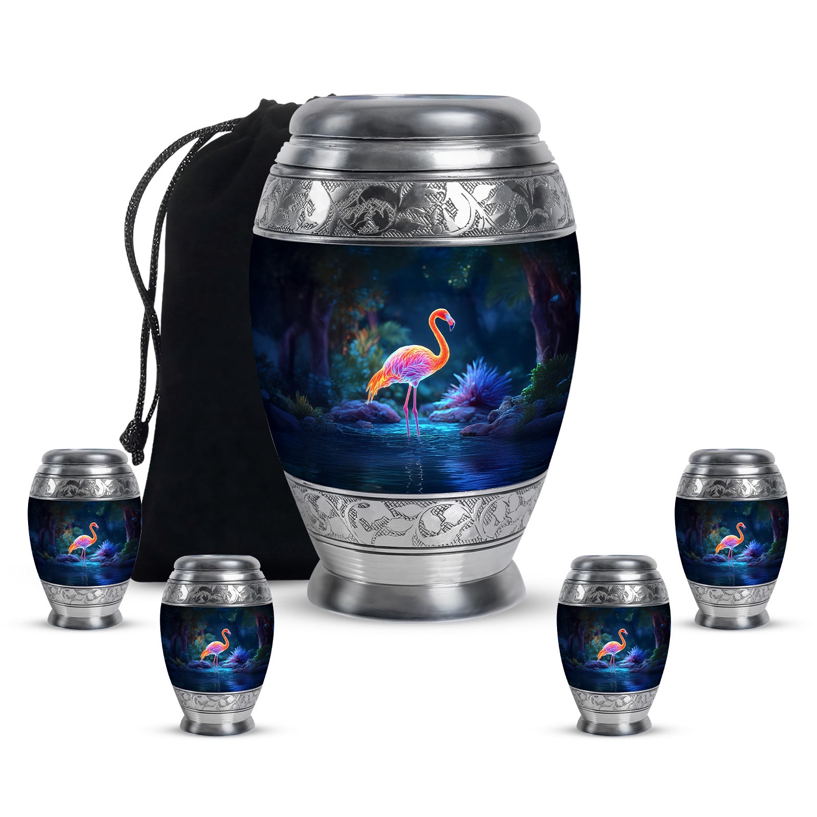Serene Blue Flamingo Cremation Urn detail view - majestic flamingo pattern with filigree border - memorial set with one large and four small urns
