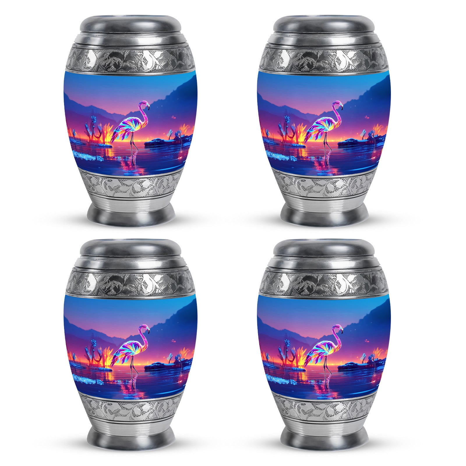 Vivid Blue Flamingo Cremation Urn urn with complimentary velvet bag - royal flamingo engraving with decorative scrollwork - 10 inch aluminum urn for cremated remains