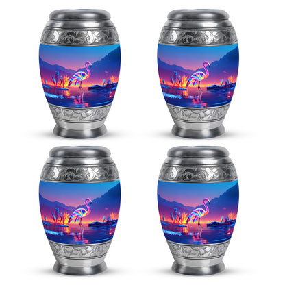 Vivid Blue Flamingo Cremation Urn urn with complimentary velvet bag - royal flamingo engraving with decorative scrollwork - 10 inch aluminum urn for cremated remains