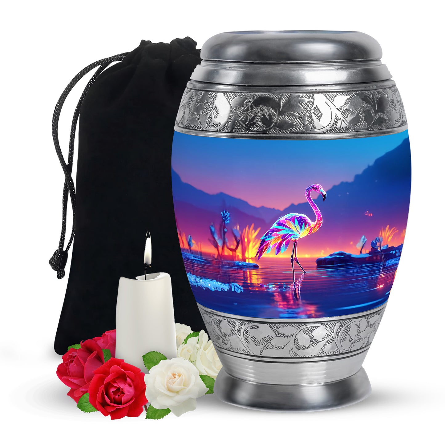 Misty Blue Flamingo Cremation Urn back view with polished surface - regal flamingo design with crown-inspired accents - full-size 10 inch 200 cubic inch adult cremation urn