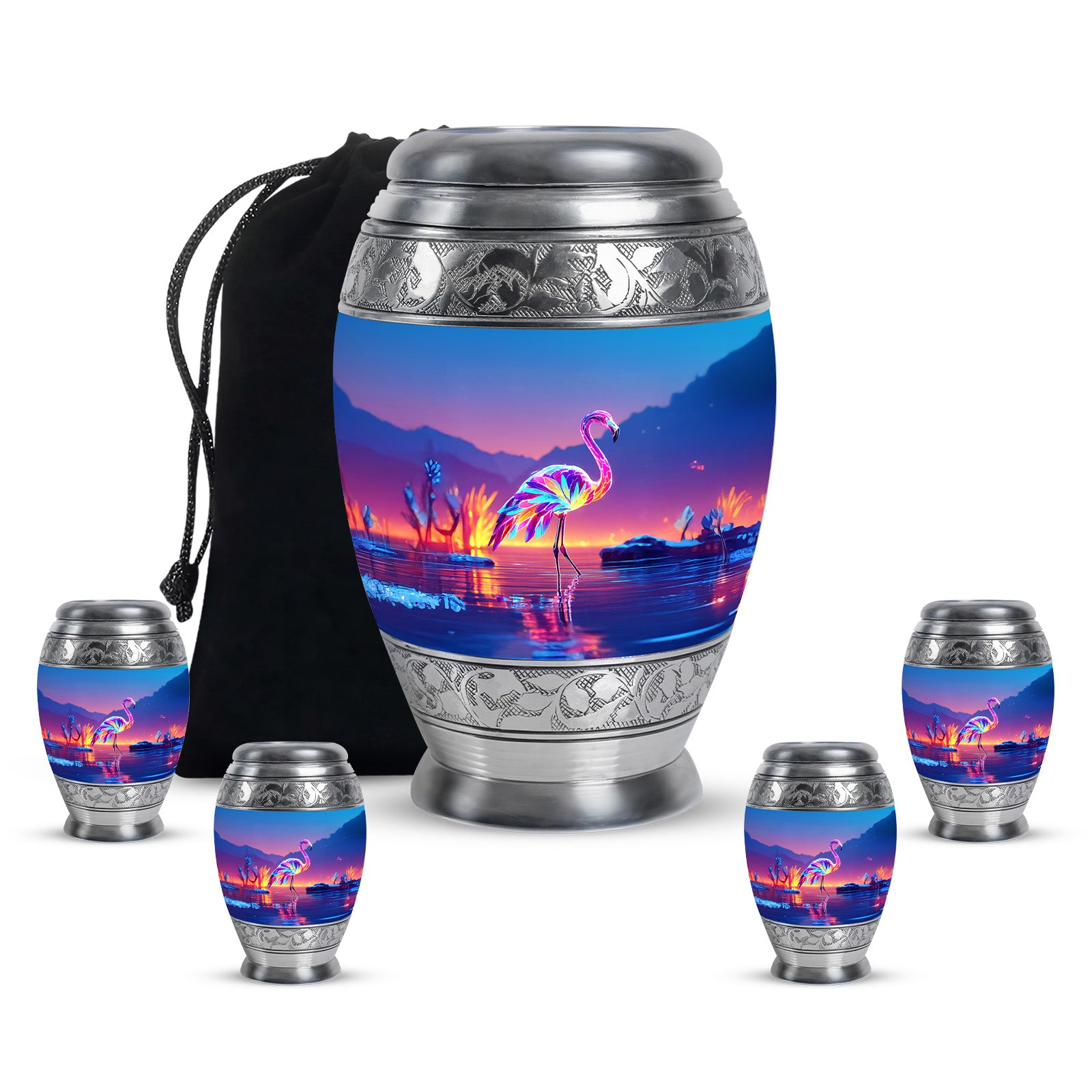 Twilight Blue Flamingo Cremation Urn detail view - majestic flamingo pattern with filigree border - memorial set with one large and four small urns