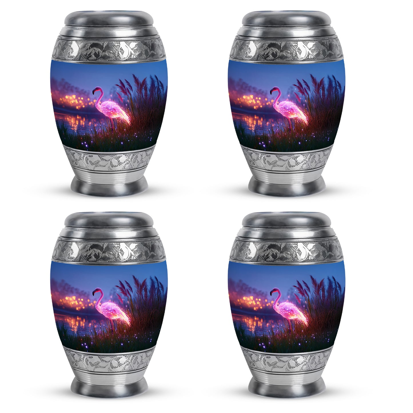 Icy Blue Flamingo Cremation Urn urn with complimentary velvet bag - ornate monarch-style flamingo relief on brushed aluminum - 10 inch aluminum urn for cremated remains