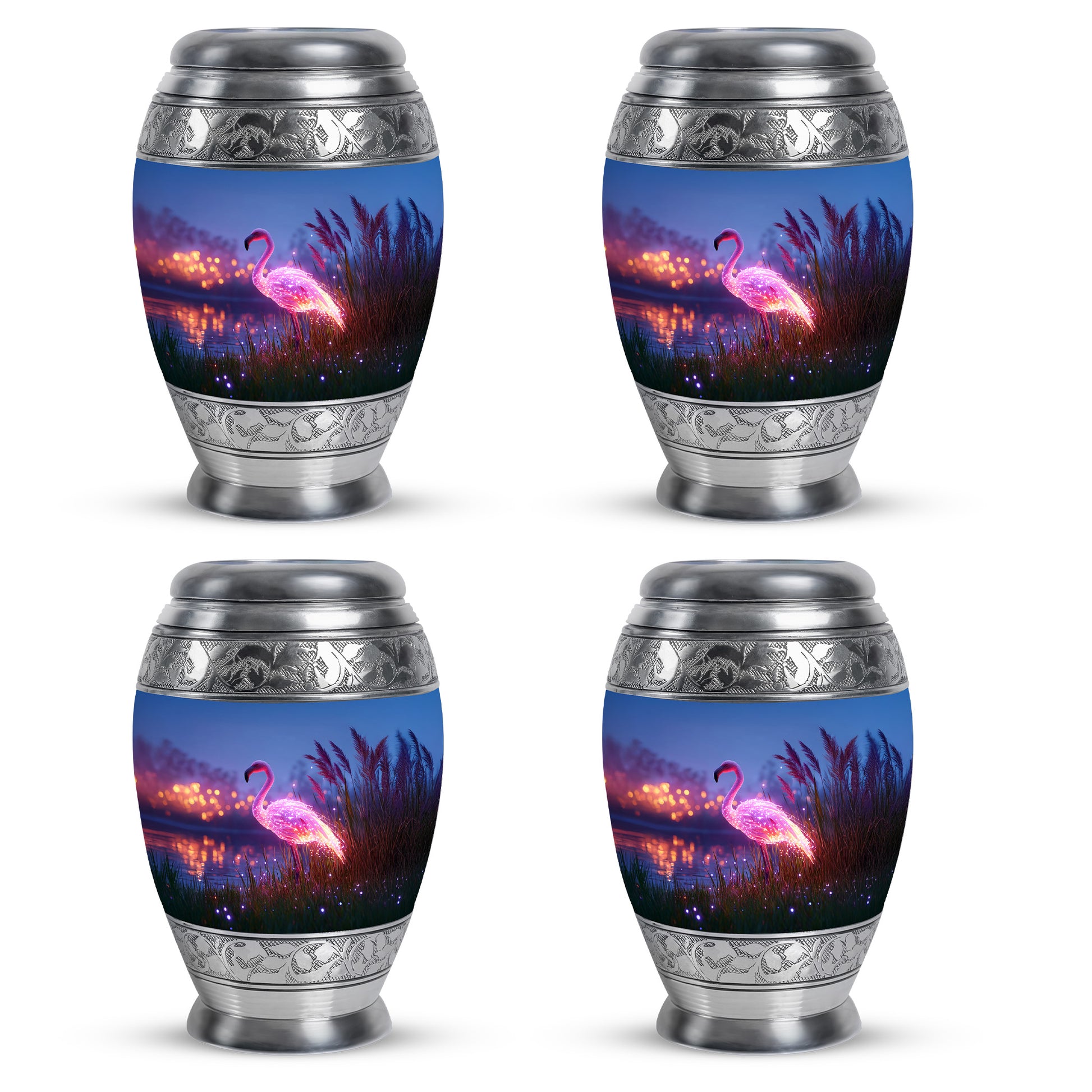 Icy Blue Flamingo Cremation Urn urn with complimentary velvet bag - ornate monarch-style flamingo relief on brushed aluminum - 10 inch aluminum urn for cremated remains