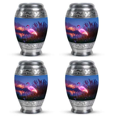Icy Blue Flamingo Cremation Urn urn with complimentary velvet bag - ornate monarch-style flamingo relief on brushed aluminum - 10 inch aluminum urn for cremated remains
