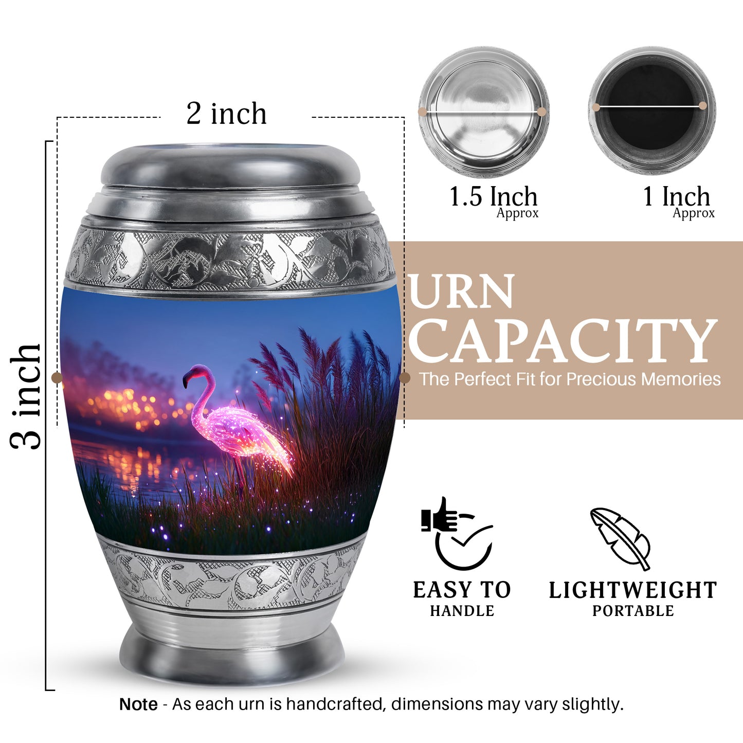 Sapphire Blue Flamingo Cremation Urn lifestyle display on memorial shelf - royal flamingo engraving with decorative scrollwork - mini keepsake memorial for portion of cremation ashes