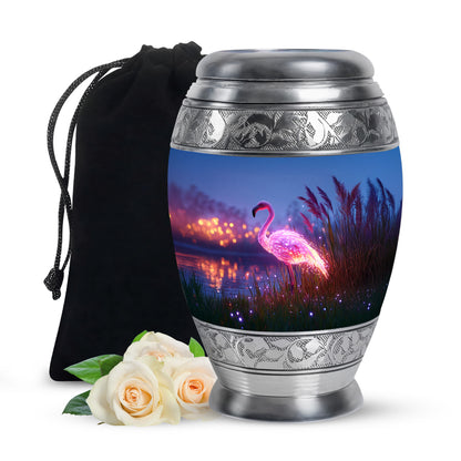 Celestial Blue Flamingo Cremation Urn back view with polished surface - regal flamingo design with crown-inspired accents - full-size 10 inch 200 cubic inch adult cremation urn
