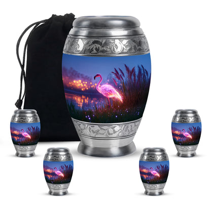 Calming Blue Flamingo Cremation Urn detail view - royal flamingo engraving with decorative scrollwork - memorial set with one large and four small urns