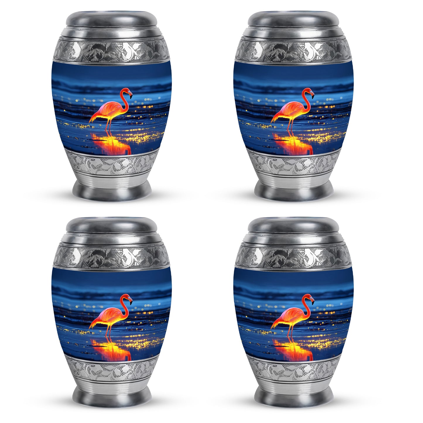 Celestial Blue Flamingo Cremation Urn urn with complimentary velvet bag - ornate monarch-style flamingo relief on brushed aluminum - 10 inch aluminum urn for cremated remains