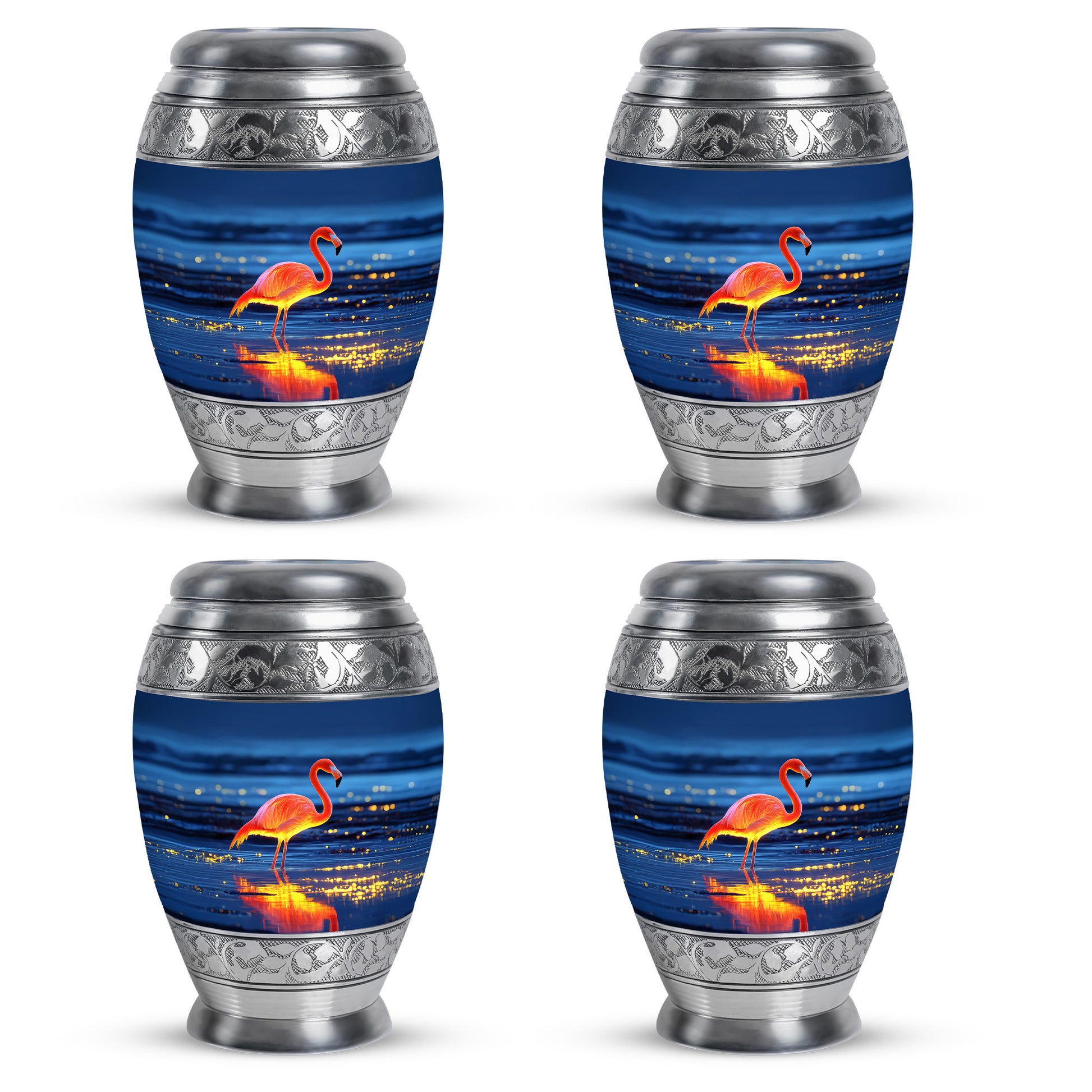 Celestial Blue Flamingo Cremation Urn urn with complimentary velvet bag - ornate monarch-style flamingo relief on brushed aluminum - 10 inch aluminum urn for cremated remains