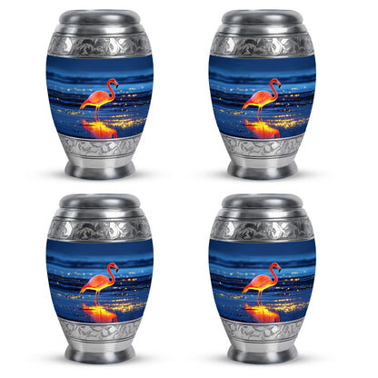 Celestial Blue Flamingo Cremation Urn urn with complimentary velvet bag - ornate monarch-style flamingo relief on brushed aluminum - 10 inch aluminum urn for cremated remains