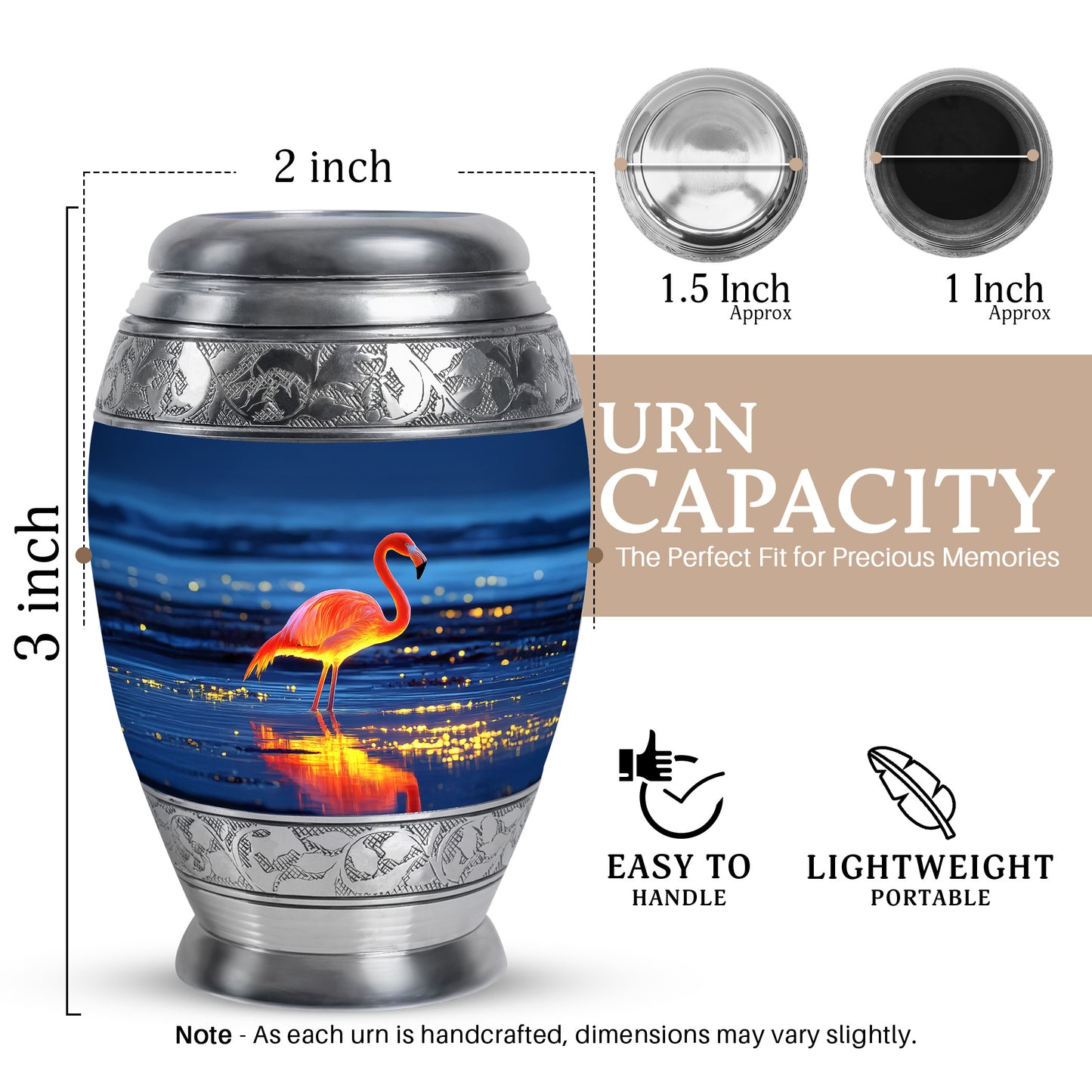 Navy Blue Flamingo Cremation Urn lifestyle display on memorial shelf - ornate monarch-style flamingo relief on brushed aluminum - mini keepsake memorial for portion of cremation ashes