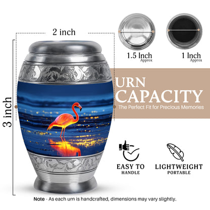 Navy Blue Flamingo Cremation Urn lifestyle display on memorial shelf - ornate monarch-style flamingo relief on brushed aluminum - mini keepsake memorial for portion of cremation ashes