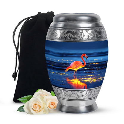 Royal Blue Flamingo Cremation Urn back view with polished surface - royal flamingo engraving with decorative scrollwork - full-size 10 inch 200 cubic inch adult cremation urn